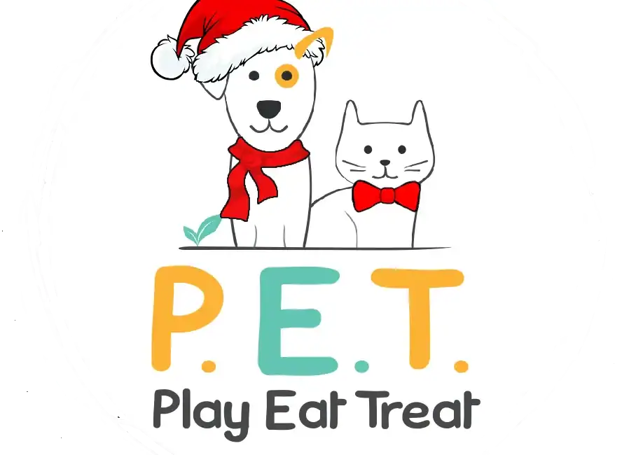 Holiday-themed pet logo featuring a dog wearing a Santa hat and a cat with a bow tie.